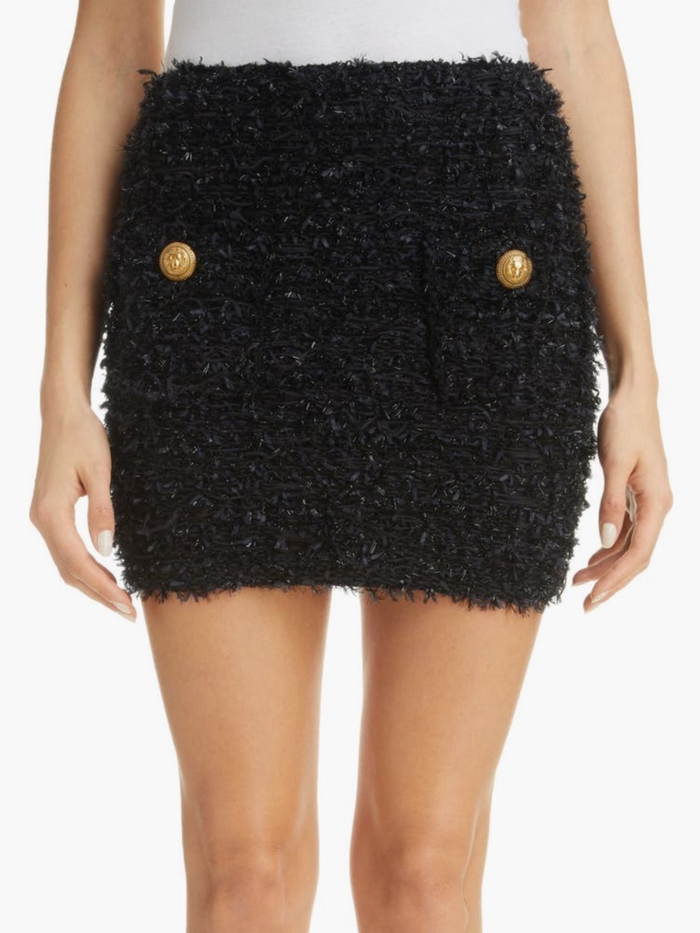 Balmain Two-Button Eyelash Tweed Miniskirt